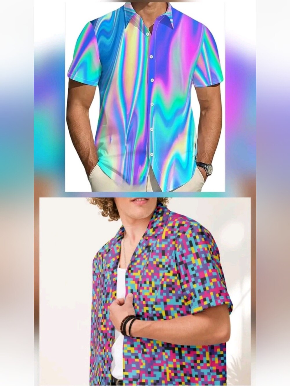 Hardaddy Disco Button Dress Shirt Colorful Pixels Marbled Blue Pink L Set 2 NEW